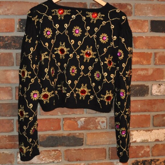 Vtg Magnolia BLACK Wool Angora KNIT CARDIGAN SWEATER Embroidery L Gems - Picture 8 of 10